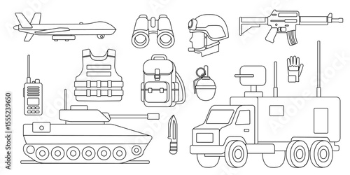 Military equipment illustration featuring vehicles, weapons, and gear in a detailed layout