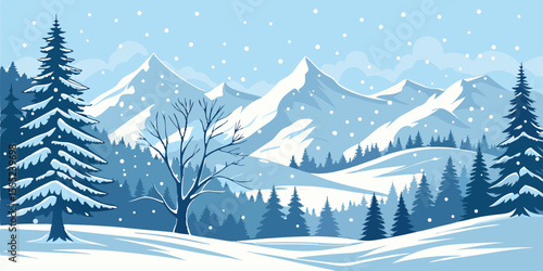 Christmas Snow Scene with Mountains and Pine Trees. Vector Illustration