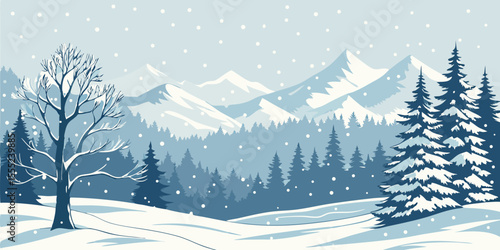 Christmas Snow Scene with Mountains and Pine Trees. Vector Illustration