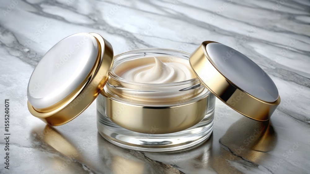 detailed image of a glass cosmetic jar with metallic lid, opened with cream texture visible, on a marble background. detailed image of a glass cosmetic jar with metallic lid, opened with cream texture visible, on a marble background.