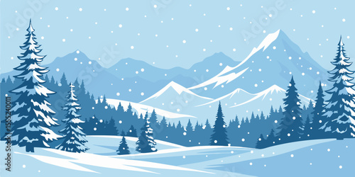 Christmas Snow Scene with Mountains and Pine Trees. Vector Illustration