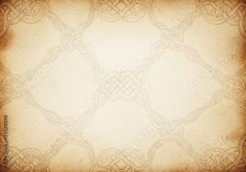 Aged Celtic Knotwork Background. Textured antique paper with intricate decorative interlace. Represents everlasting bonds and rich cultural narratives, perfect for historical designs.