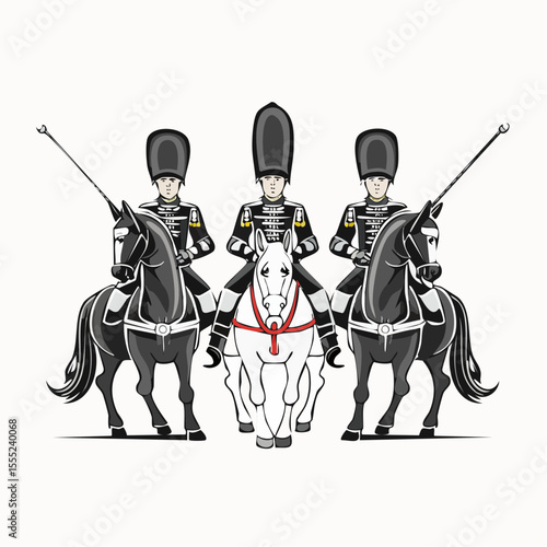 Royal Guard Cavalry Soldiers Riding Horses in Formation Vector Illustration Isolated on a White Background
