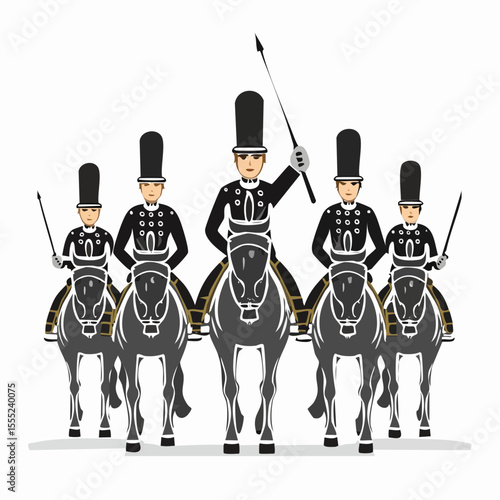 Royal Guard Cavalry Soldiers Riding Horses in Formation Vector Illustration Isolated on a White Background