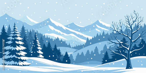 Christmas Snow Scene with Mountains and Pine Trees. Vector Illustration
