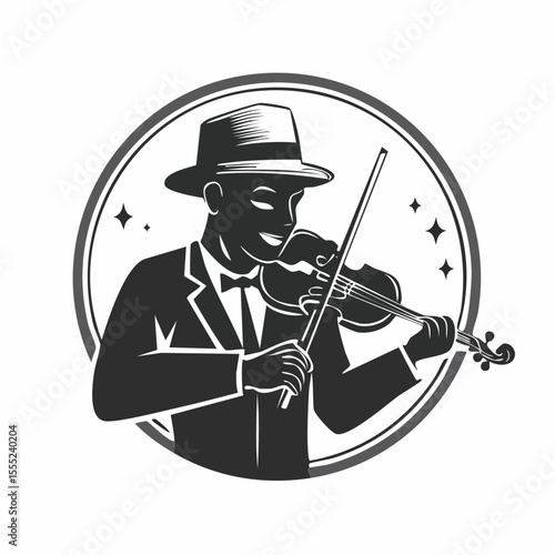 Man Violinist Playing Violin Classical Music logo design vector illustration on white background.