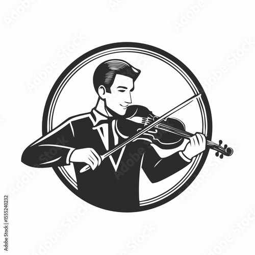 Man Violinist Playing Violin Classical Music logo design vector illustration on white background.