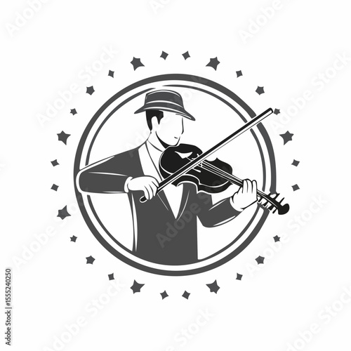 Man Violinist Playing Violin Classical Music logo design vector illustration on white background.