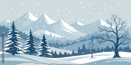 Christmas Snow Scene with Mountains and Pine Trees. Vector Illustration