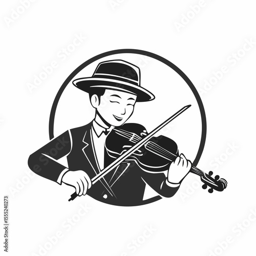 Man Violinist Playing Violin Classical Music logo design vector illustration on white background.