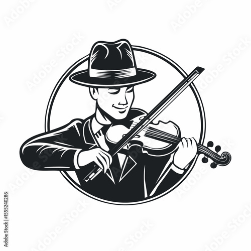 Man Violinist Playing Violin Classical Music logo design vector illustration on white background.