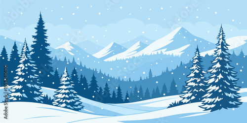 Christmas Snow Scene with Mountains and Pine Trees. Vector Illustration