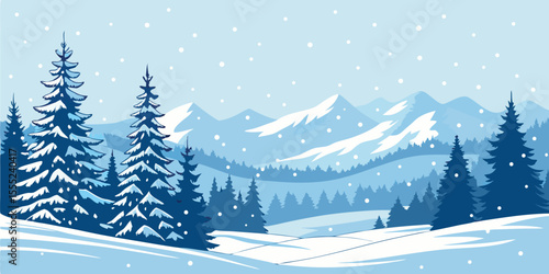 Christmas Snow Scene with Mountains and Pine Trees. Vector Illustration