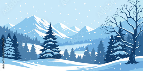 Christmas Snow Scene with Mountains and Pine Trees. Vector Illustration