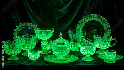 Vintage Uranium Glass Tableware Glowing Under UV Light
