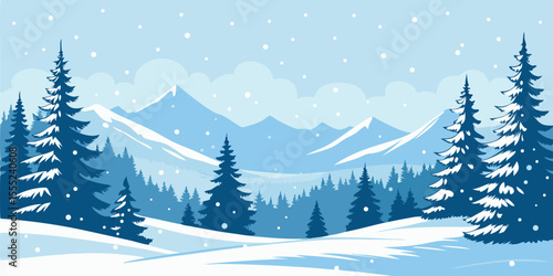 Christmas Snow Scene with Mountains and Pine Trees. Vector Illustration