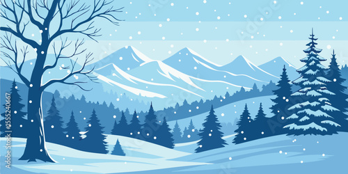 Christmas Snow Scene with Mountains and Pine Trees. Vector Illustration