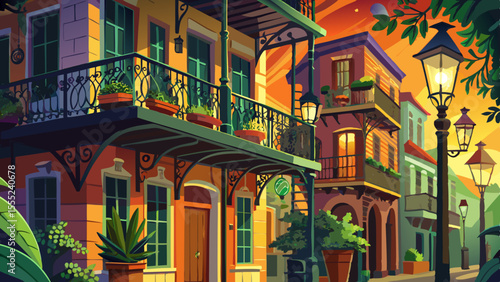 Wrought-iron balconies draped with green vines overlook cobblestone streets in the French Quarter. Jazz music drifts from a nearby café. Lantern-style streetlights glow softly as evening settles in. 