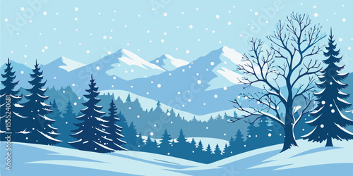 Christmas Snow Scene with Mountains and Pine Trees. Vector Illustration