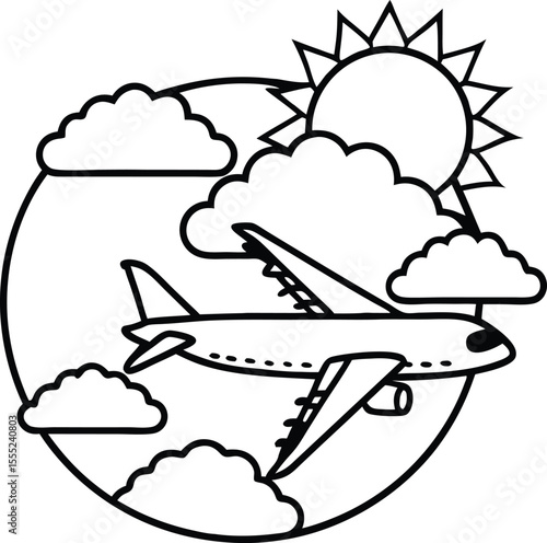 Stylized silhouette of an airplane soaring through a cloudy sky conveying a sense of travel and freedom isolated on white background isolated on transparent background