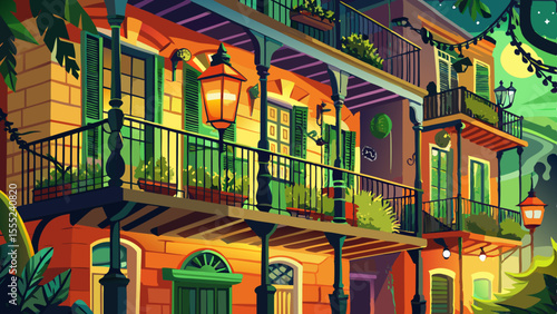 Wrought-iron balconies draped with green vines overlook cobblestone streets in the French Quarter. Jazz music drifts from a nearby café. Lantern-style streetlights glow softly as evening settles in. 