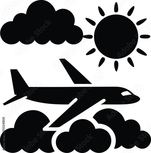 Silhouette of an airplane gracefully flying across a cloudy sky evoking a sense of travel and freedom isolated on white background isolated on transparent background