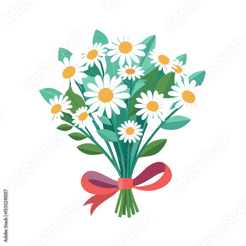 Foto A beautiful bouquet of white daisies with green leaves tied with a red ribbon is