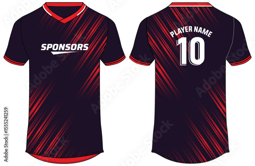 Sport t-shirt jersey design flat sketch illustration, Degrade line pattern v neck Football jersey concept with front and back view for Soccer, Cricket, Volleyball, Rugby, tennis, badminton uniform kit