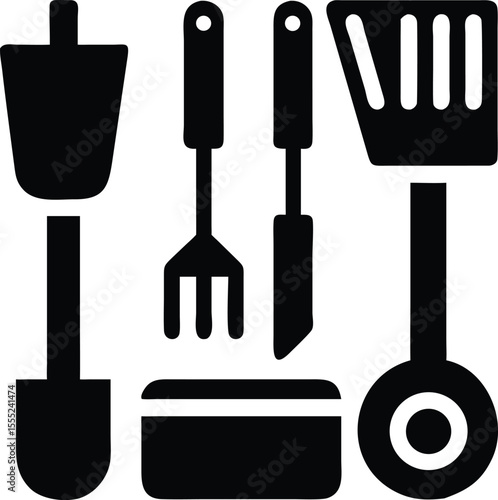 Collection of basic cooking utensil icons including a pan spatula and ladle isolated on white background isolated on transparent background