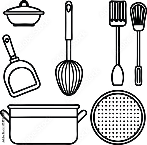 Collection of essential kitchen utensils including a frying pan spatula and ladle isolated on white background isolated on transparent background
