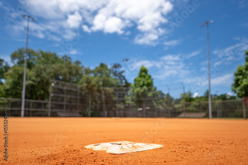 Detailed view of a baseball field with second base in focus under a bright blue sky during daytime