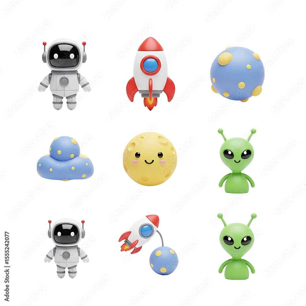 Obraz premium Cute cartoon space icons with astronauts aliens rockets and planets collection.
