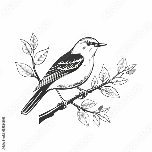 Black and white Northern Mockingbird Sitting In Tree image vector isolated on white background.
