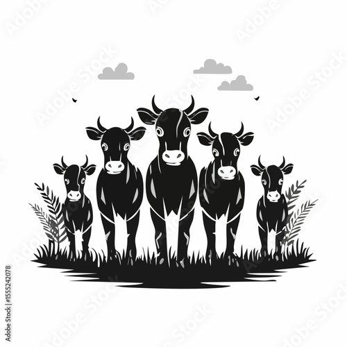 Four adorable calves standing in a grassy field image vector isolated on white background.