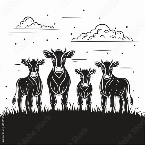 Four adorable calves standing in a grassy field image vector isolated on white background.