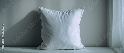 A white pillow rests in the soft glow of natural light on a minimalistic grey couch, evoking a sense of calm and simplicity.