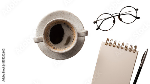 Office desk items: coffee cup, keyboard, planner and glasses arranged top view, PNG