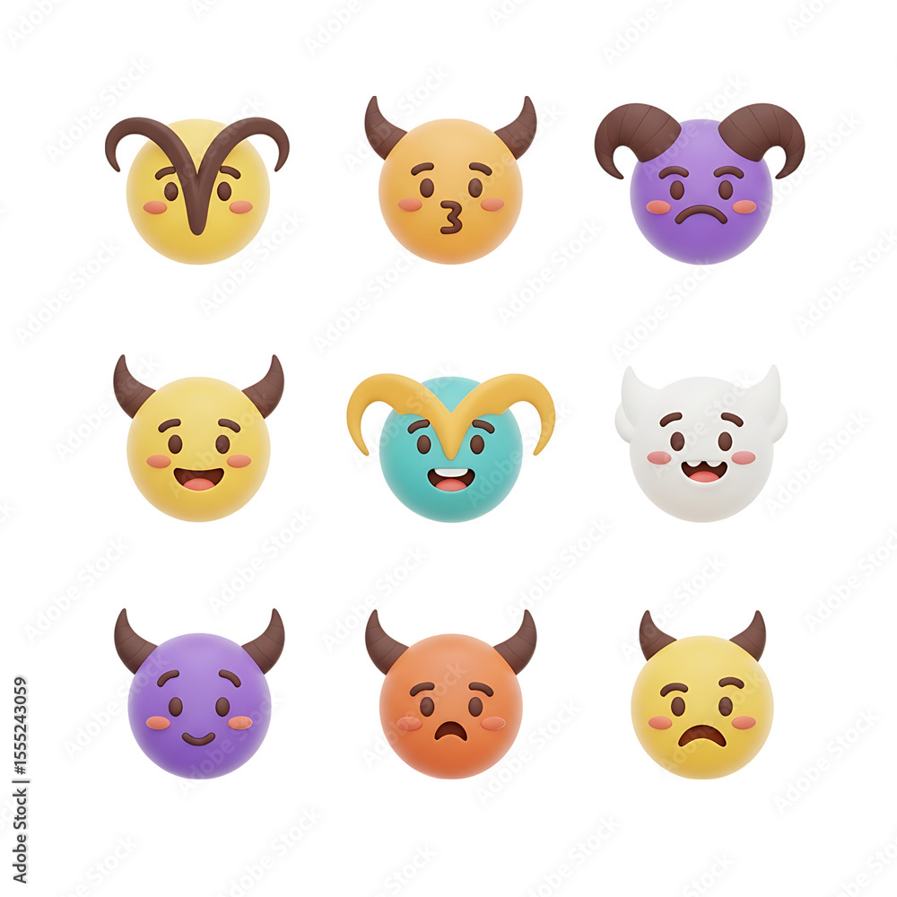 Set of colorful devil emojis showing diverse facial expressions on transparent background. Set of colorful devil emojis showing diverse facial expressions on transparent background.
