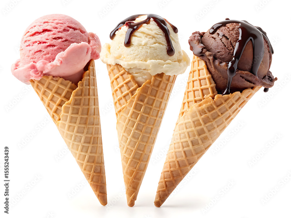 Three ice cream cones with different flavors and chocolate syrup on a white background studio shot Three ice cream cones with different flavors and chocolate syrup on a white background studio shot