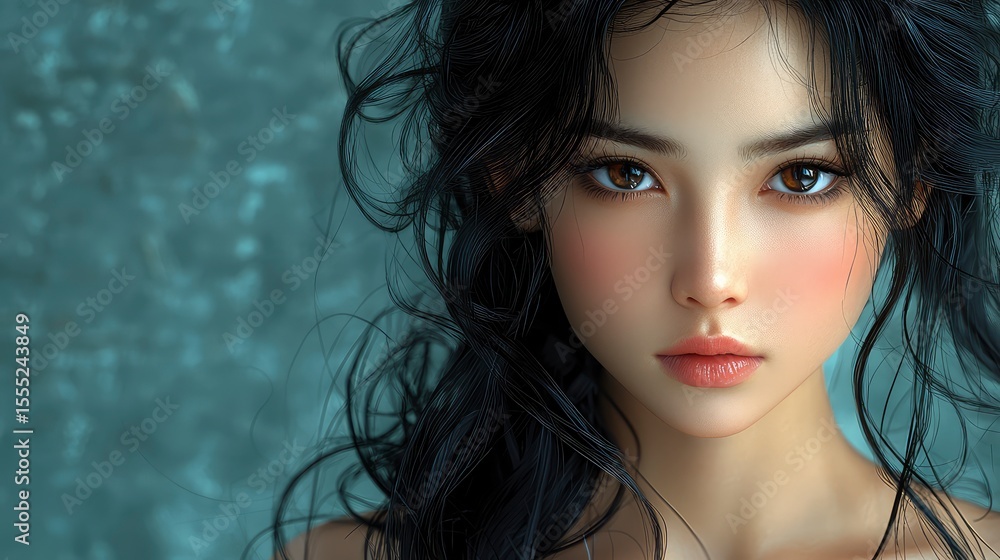 Naklejka premium A realistically beautiful girl of Asian nationality with black hair.