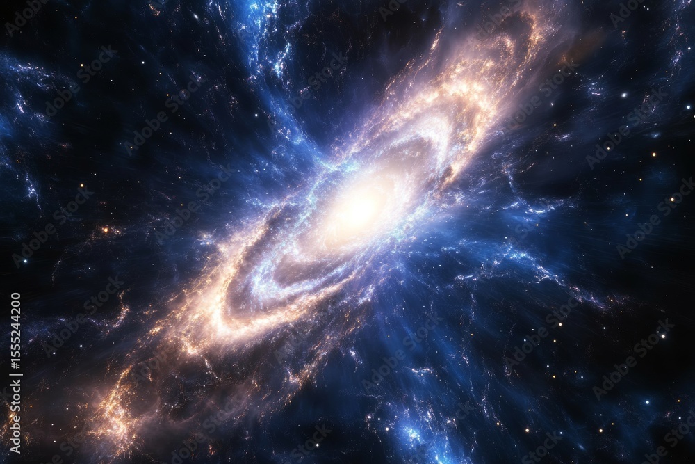 Fototapeta premium A stunning spiral galaxy in deep space displays a swirl of cosmic energy and vibrant colors. This celestial formation is an awe-inspiring glimpse into the vast universe, teeming with stars