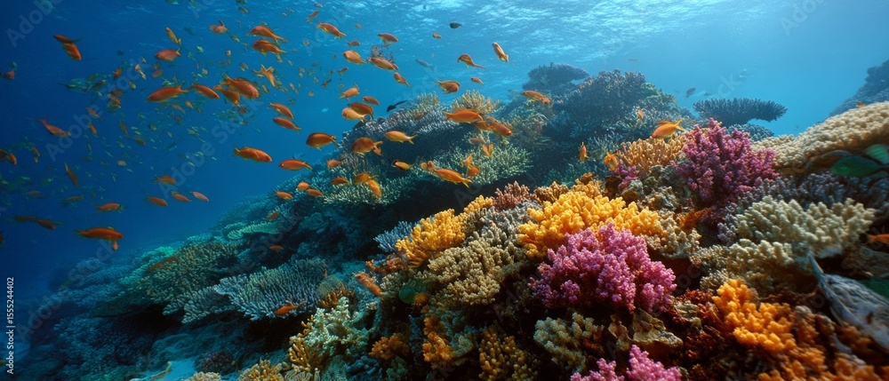 Naklejka premium A vibrant underwater coral reef teeming with colorful fish, offering a glimpse into the mesmerizing beauty of marine life beneath the sea.
