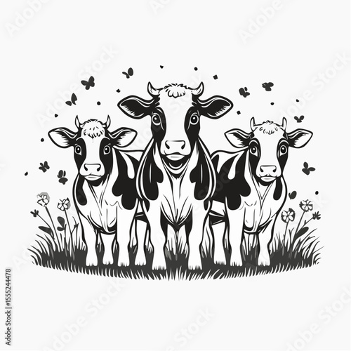 Four adorable calves standing in a grassy field image vector isolated on white background.