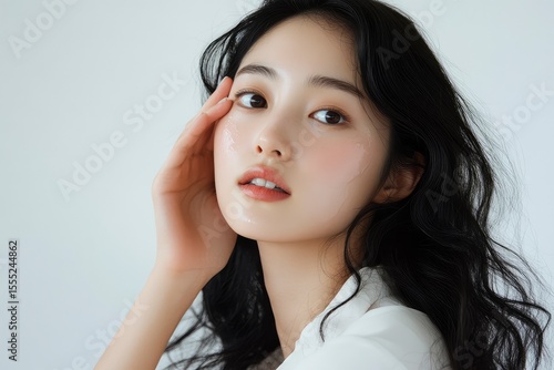 Beautiful Korean woman with clean and healthy skin touching her face