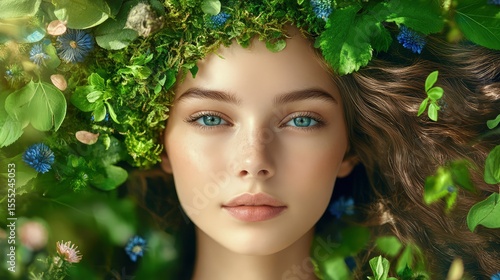  A female model and the background with beautiful nature, Skin care advertisement concept