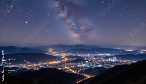 the majestic mountains of korea under the starry night sky of cheongju city, copy space: use this space to add your own description or tagline for the image.
