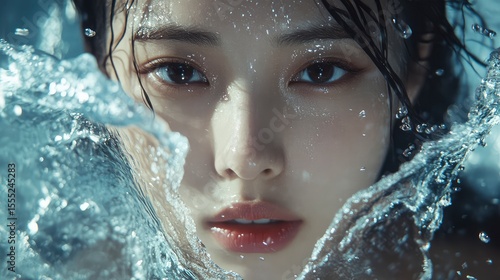 Young beautiful Asian woman with water splashes 