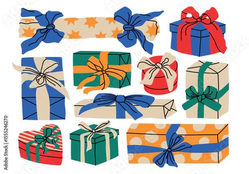 Christmas gift box, wrapped present box with ribbon set. Hand drawn modern flat illustration in retro cartoon. Party decoration, present, postcard, New Year celebration, Birthday, invitation concept.