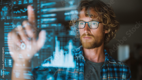 IT specialist analyzing data on a futuristic transparent screen, IT, photo style