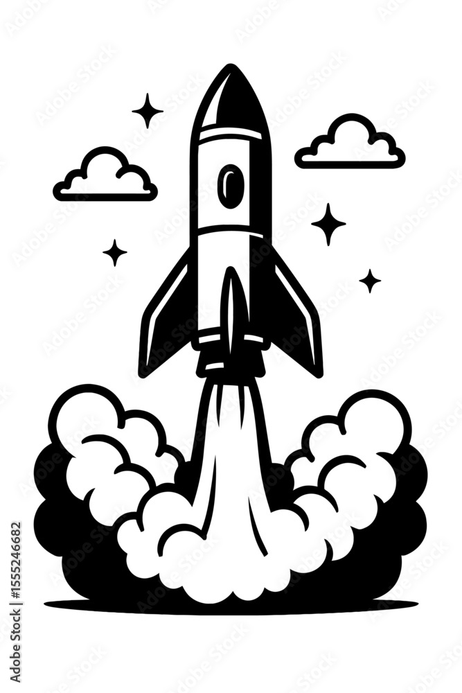 Fototapeta premium Powerful Black and White Space Rocket Launch with Smoke Clouds and Stars Vector